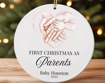 First Christmas as Parents Ornament, Personalized Baby's First Christmas, Two Sided Ceramic Keepsake, Custom Name and Year, Sets of 1 3 5 10