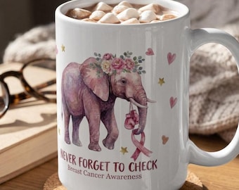 Breast Cancer Awareness Elephant Mug, Survivor Warrior Support Gift, 15 oz Ceramic Mug