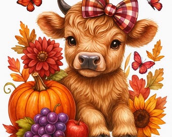 Vaca de las Tierras Altas en acuarela: Calabaza de otoño y girasol PNG (Descarga digital, 30 x 30 cm, 300 ppp)