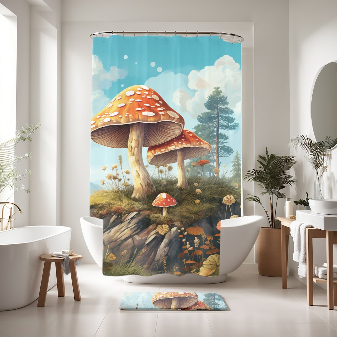 Mushroom Shower Curtain, Cute Mushroom Decor, Plant Shower Curtain