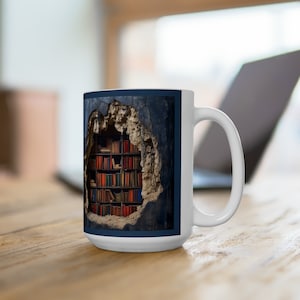 3D Bookshelf Ceramic Mug: Literary Gift, 15oz