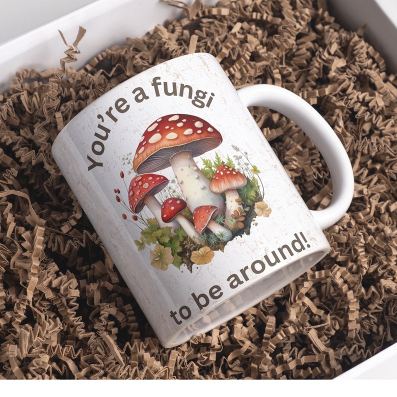 May include: White ceramic mug with a brown handle. The mug has a colorful illustration of mushrooms and the text "You're a fungi to be around!"