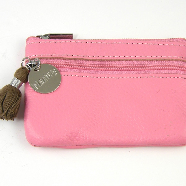 Pink Personalized Change Purse, Engraved Leather Coin Purse, Pink Custom Wallet ID Card Zip Pouch, Pink Gift for Her Mom Girlfriend