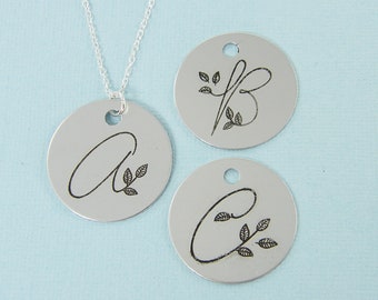 Silver Cursive Initial Necklace, Whimsical Necklace, Personalized Alphabet Necklace, Silver Garden Leaf Necklace |3814
