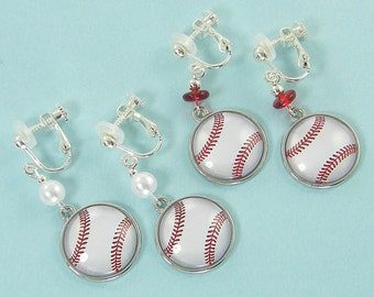 Baseball Clip on Earrings, Baseball Dangle Clip Earrings, Baseball Softball Sports Mom Earrings, Baseball Sporty Girl Jewelry Gift |1E1-27