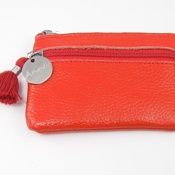 Personalized Zipper Pouch, Custom Change Purse, Red Leather Coin Purse, Engraved ID Wallet, Leather Change Purse, Custom Change Wallet