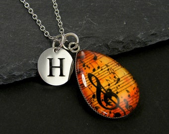 Music Necklace, Orange Silver Music Notes Musical Dangle Charm Necklace, Gift for Music Lover Choir Orchestra Band Gift |1N1-8