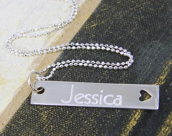 Sterling Silver Vertical Bar Necklace, Custom Engraved Name Necklace for Women Under 100, Customized Name, Heart Charm Necklace |2402