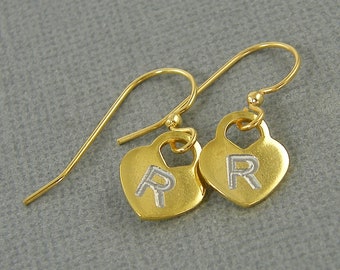 Tiny Gold Heart Earrings, Personalized Mini Small Gold Initial Heart Charm Earrings, Gift for Sweetheart Daughter Girl, Dainty Petite |3932