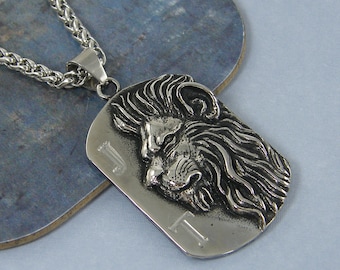 Personalized Men's Lion Necklace, Silver Steel Lion's Head Pendant Necklace, Custom Engraved Initials Masculine Gift for Leo Him Man |3606