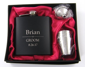 Engraved Flask, Personalized Flask Set for Groom, Gift for Groom, Best Man Flask, Usher Flask, Father of the Bride Father of the Groom Flask