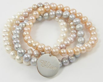 Personalized Freshwater Pearl Bracelet, Engraved Silver Charm Bracelet, Name Initials Monogram, Custom Birthday Gift for Her |1001, 2610