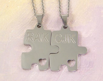 Personalized Couples Necklace, Jigsaw Puzzle Piece Necklace, Custom Engraved Silver Initial Necklace, Gift for Him and Her |3717