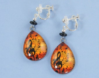 Music Clip on Earrings, Orange Music Notes Clip Earrings, Musical Dangle Clip on Earrings  |1E1-19