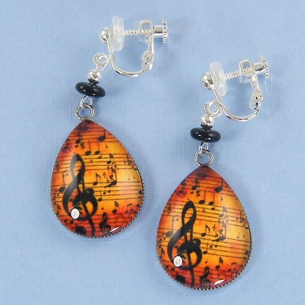Music Clip on Earrings, Orange Music Notes Clip Earrings, Musical Dangle Clip on Earrings  |1E1-19