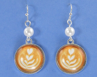 Coffee Earrings, Brown White Silver Mocha Latte Coffee Lover's Barista Gift Dangle PIERCED Earrings |1E1-17