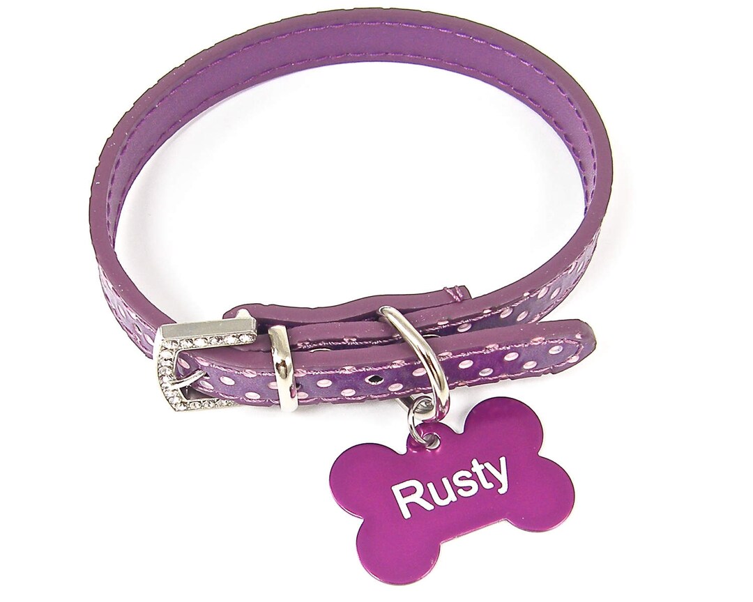 Personalized Purple Dog Collar Engraved Purple Dog Bone Dog Tag