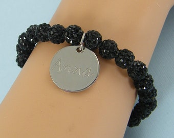 Black Bead Bracelet Women, Custom Beaded Name Bracelet, Engraved Initials Jet Black Charm Bracelet Stretch Elastic |1B1-15