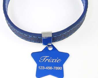 Personalized Blue Glitter Dog Collar, Customized, Custom Engraved Cat Dog Pet ID Tag, Personalized Dog Collar, Small and Extra Small