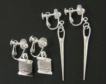 Needle and Thread Clip on Earrings Silver, Sewing Quilting Dressmaking Charm Clip Earrings, Gift for Seamstress Tailor Dressmaker |1E1-2