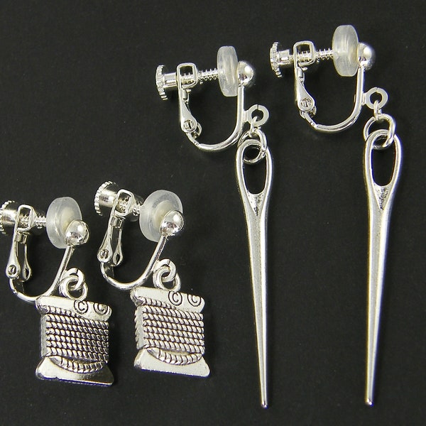 Needle and Thread Clip on Earrings Silver, Sewing Quilting Dressmaking Charm Clip Earrings, Gift for Seamstress Tailor Dressmaker |1E1-2
