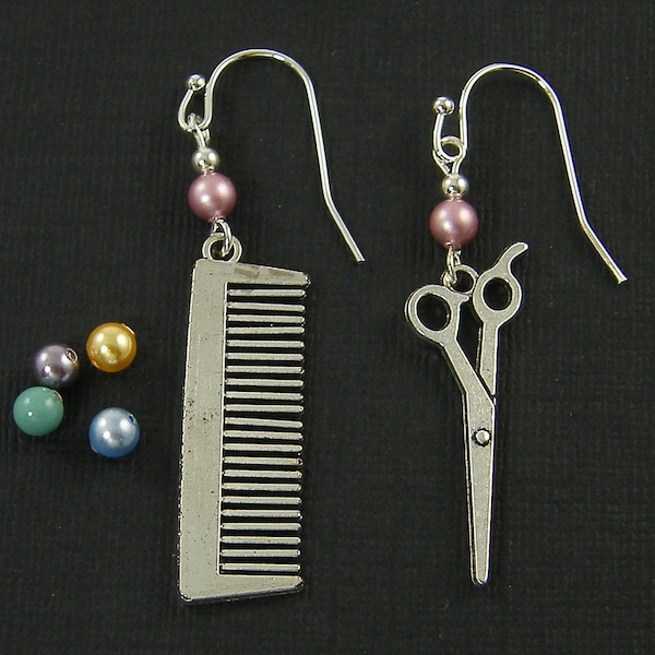 Beautician Dangle Earrings, PIERCED Custom Hairdresser Earrings, Hair Stylist Gift, Comb Scissors Cosmetology Jewelry, Gift |1E1-12