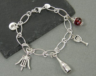 Wine Lover's Bracelet, Personalized Red Wine Gift, Wine Enthusiasts Bottle Corkscrew Wine Drinker Sommelier Custom Charm Bracelet |1B1-3