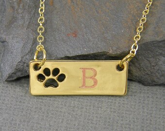 Personalized Paw Print Necklace Custom Initial Necklace Engraved Gold Bar Necklace Initial Pendant Horizontal Bar Pet Lovers Pendant |2466