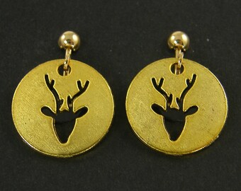 Gold Deer Clip on Earrings, Woodland Animal Creatures Short Round Deer Head Antlers Stag Buck Clipon Earrings |1E1-26