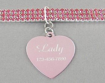 Pink Rhinestone Pet Collar, Personalized Pink Dog Collar, Engraved Dog Tag, Pet Identification Tag