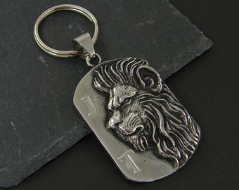 Personalized Masculine Manly Key Chain, Custom Engraved Initial Keychain Key Ring, Lion Animal Beast Leo Birthday Gift for Him Man 3606