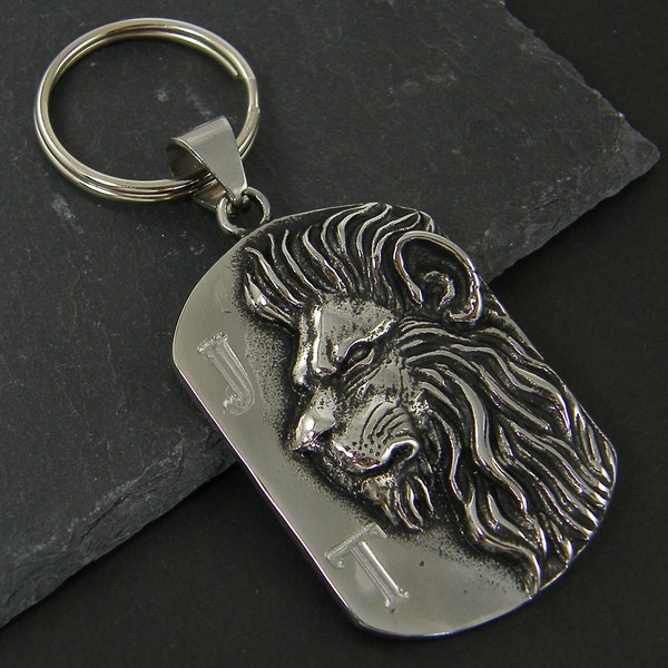 Personalized Masculine Manly Key Chain, Custom Engraved Initial Keychain Key Ring, Lion Animal Beast Leo Birthday Gift for Him Man 3606