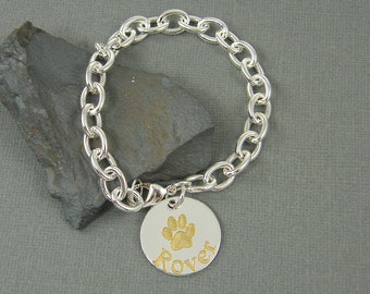 Personalized Paw Print Bracelet, Custom Engraved Pet Cat Dog Lovers Silver Circle Bracelet, Pet's Name Chain Charm Bracelet | 3352 C001