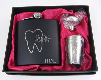 Personalized Dental Gift, Dentist Hygienist Assistant Office Manager Flask Set, Custom Engraved Dental School Gift Graduation