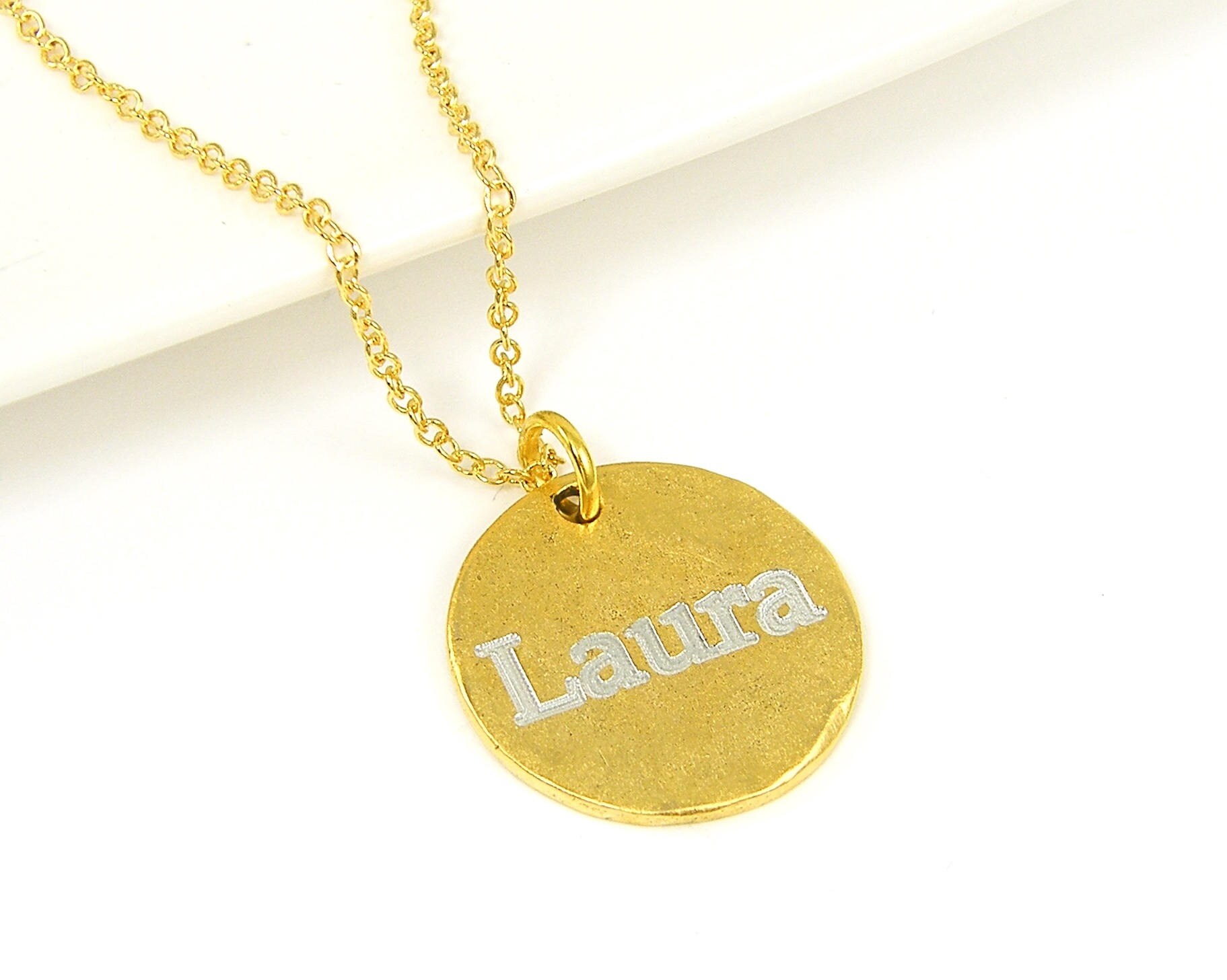 Gold Name Disc Necklace Personalized Custom Engraved Name Etsy