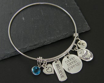 Inspirational Bracelet, Personalized Silver Follow Your Heart Bangle Gift, Never Give Up Believe Jewelry, Motivational Adjustable |1B1-10