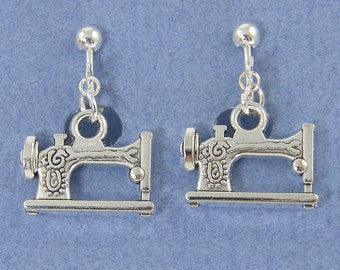 Sewing Machine Clip on Earrings, Silver Crafting Quilting Seamstress Dressmaker Tailor Sewer Gift Charm Clipon Dangle Earrings |1E1-4