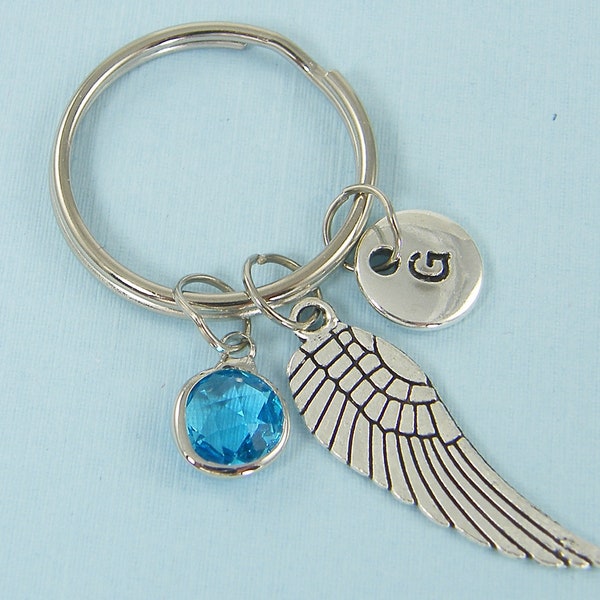 Angel Wing Keychain, Personalized Key Chain, Initial Key Ring, Custom Feather Memorial keyring, birthstone bereavement gift mourning |KC1-13