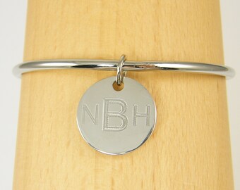 Personalized Initial Bangle Bracelet, Engraved Silver Bangle Bracelet, Silver Monogram Bangle Bracelet, Name Bangle Bracelet | 2610 ST4-03