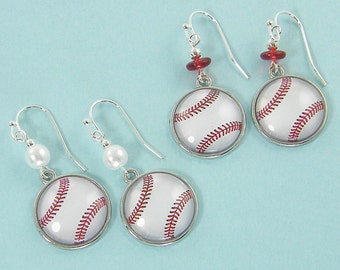 Baseball Dangle Earrings, Red White Silver Ball Earrings, Baseball Mom PIERCED Earrings, Baseball Softball Sports Girl Jewelry Gift |1E1-25