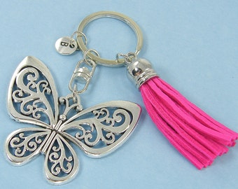 Large Butterfly Keychain, Personalized Hot Pink Insect Key Chain, Initial Key Ring, Custom Keyring, Birthday Gift for Her |KC1-12