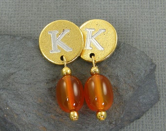 Carnelian Post Earrings, Personalized Carnelian Earrings Dangle, Rust Gemstone Earrings, Custom Large Gold Initial Stud Earrings |1E2-8
