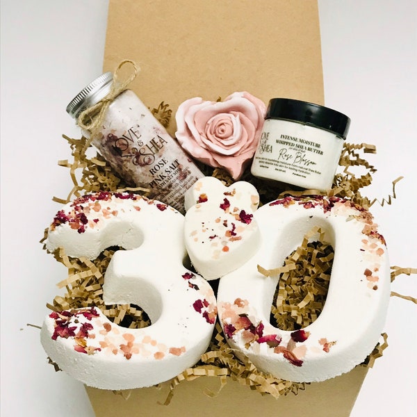 30th Birthday Gift for Her includes Rose Bath Bombs, Rose Bath Salts, Rose Body Butter in a Spa Gift Box , Choose your number
