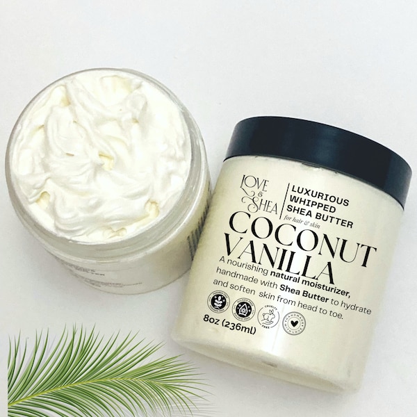 Body Butter Coconut Vanilla Non Greasy Natural Moisturizer with Shea Butter & Mango Butter to soothe Dry Skin Chapped Hands and Cuticles