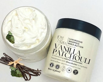 May include: A jar of Love & Shea Vanilla Patchouli Whipped Shea Butter for hair and skin. The jar is 8 ounces (236 ml) and is labeled as vegan.