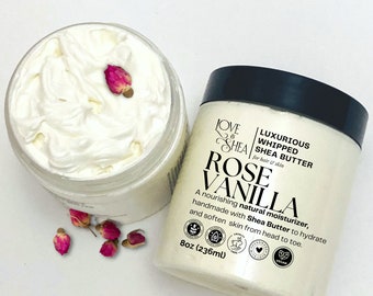 Body Butter , Rose Vanilla Non Greasy Natural Moisturizer with Shea Butter & Mango Butter to soothe Dry Skin Chapped Hands and Cuticles