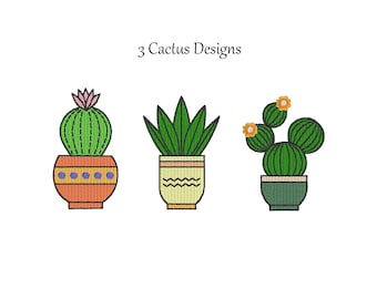 3 Cactus Machine Embroidery Design, Digital Download Embroidery Files, Potted Plant Embroidered Design, Summer Plant Lover, Cacti Design