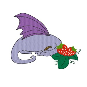 May include: A purple dragon with wings curled up asleep next to a red strawberry with green leaves.