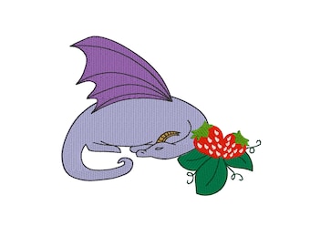 Dragon Strawberry Patch Machine Embroidery Design, Digital Download Embroidery Files, 4.2in x 3.4in Spring/Summer Embroidered Design