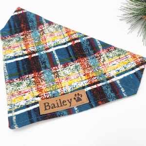 Personalized Tartan Blue Plaid Dog Bandana // Over the Collar Bandana// Cat Bandana // Custom bandana // Flannel Bandana // Faux Leather Tag